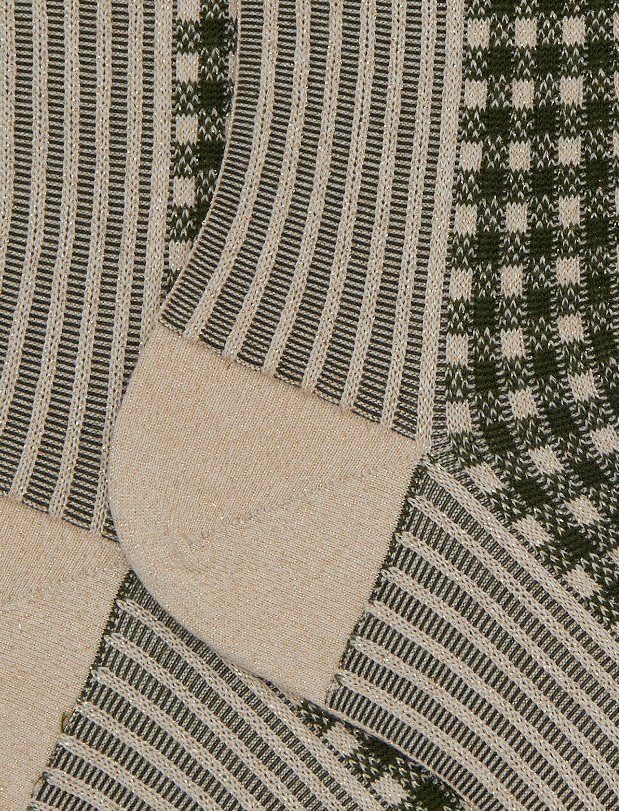 Calze corte donna cotone beige fantasia twin rib e micro tartan effetto scintillante