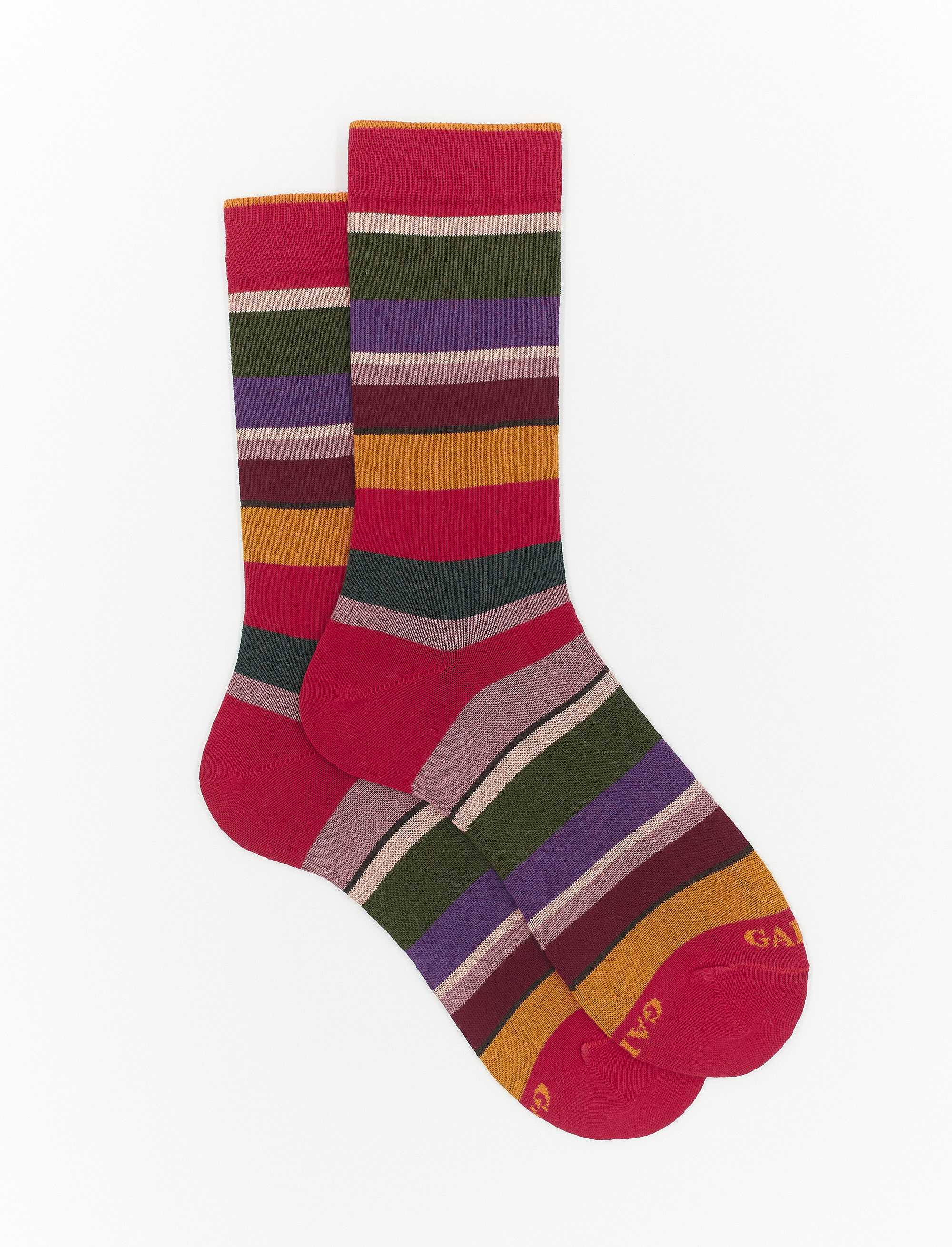 Women's short carmine red cotton socks with multicoloured stripes - Multicolor | Gallo 1927 - Official Online Shop