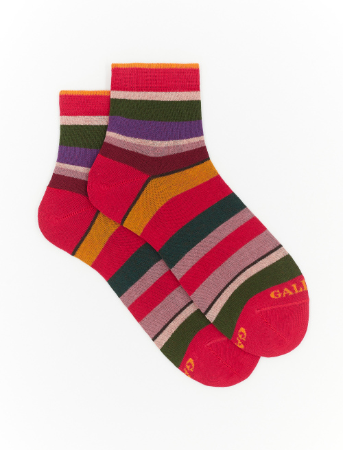 Women's super short carmine red cotton socks with multicoloured stripes - Multicolor | Gallo 1927 - Official Online Shop