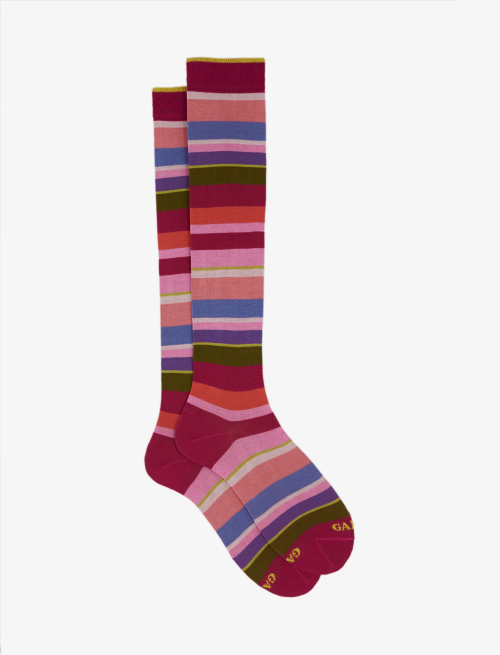 Women's long fuchsia light cotton socks with multicoloured stripes - Third Selection | Gallo 1927 - Official Online Shop