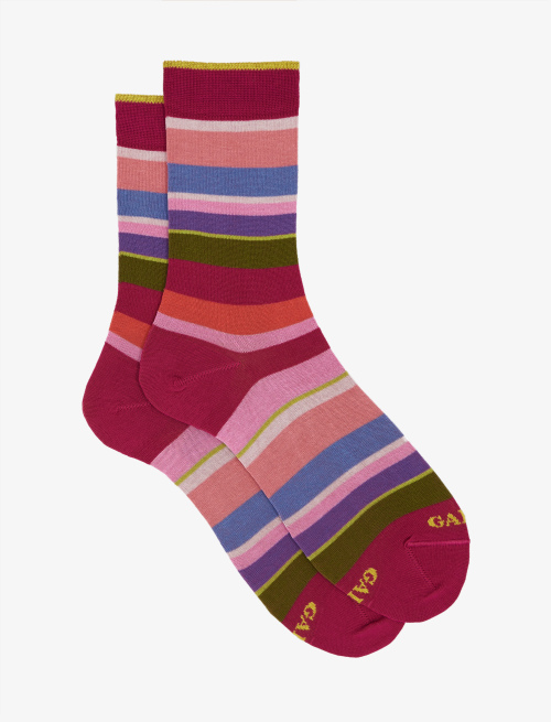 Women's short fuchsia light cotton socks with multicoloured stripes - Third Selection | Gallo 1927 - Official Online Shop
