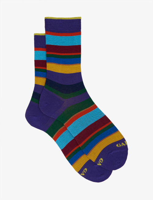 Women's short purple light cotton socks with multicoloured stripes - Third Selection | Gallo 1927 - Official Online Shop