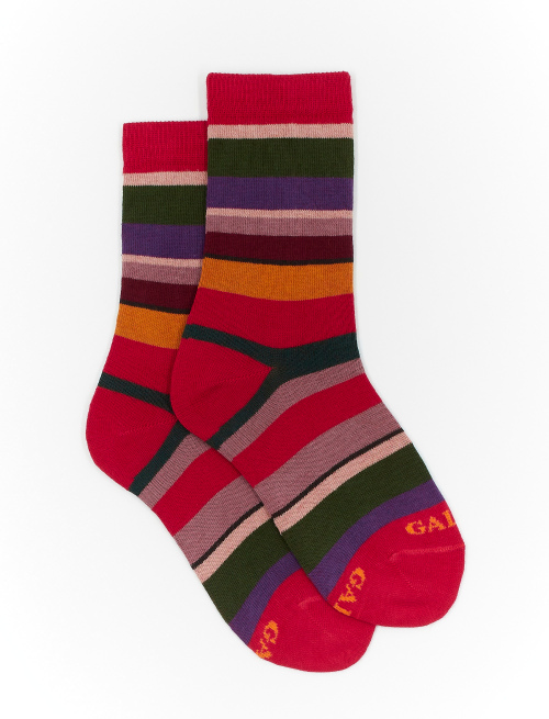 Kids' short carmine red cotton socks with multicoloured stripes - Socks | Gallo 1927 - Official Online Shop