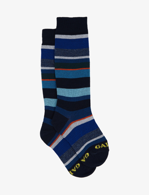 Kids' long ocean blue light cotton socks with multicoloured stripes - Socks | Gallo 1927 - Official Online Shop