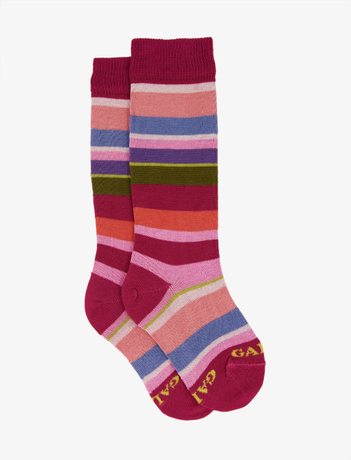 Kids' long fuchsia light cotton socks with multicoloured stripes - Socks | Gallo 1927 - Official Online Shop