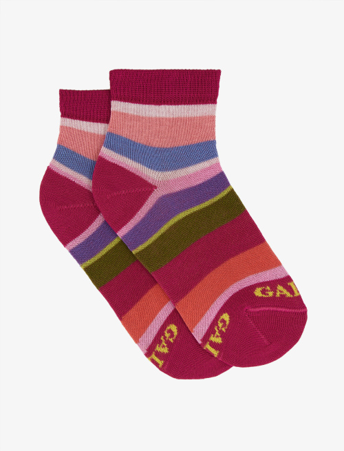 Kids' fuchsia light cotton sneaker socks with multicoloured stripes - Socks | Gallo 1927 - Official Online Shop