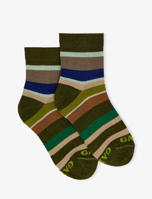 Kids' super short army green light cotton socks with multicoloured stripes - Socks | Gallo 1927 - Official Online Shop