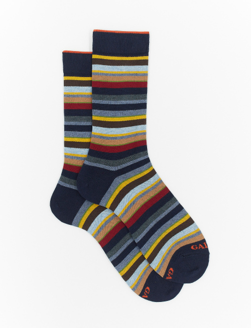 Men's short navy blue cotton and cashmere socks with multicoloured micro stripes - Multicolor | Gallo 1927 - Official Online Shop