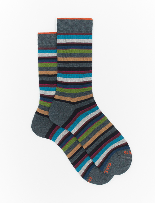 Men's short stone grey cotton and cashmere socks with multicoloured micro stripes - Multicolor | Gallo 1927 - Official Online Shop