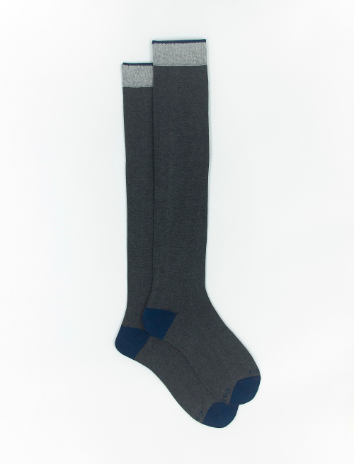 Men's long plain stone grey cotton and cashmere socks with contrasting details | Gallo 1927 - Official Online Shop