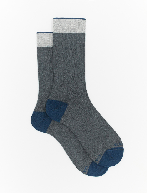 Men's short plain stone grey cotton and cashmere socks with contrasting details | Gallo 1927 - Official Online Shop