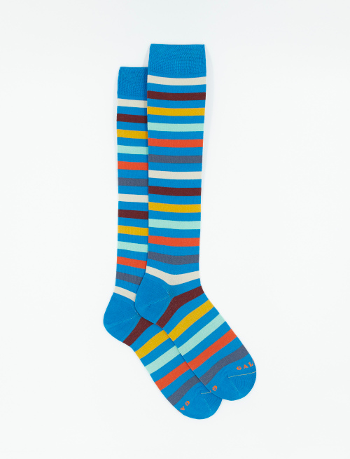 Men's long topaz blue ultra-light cotton socks with even stripes | Gallo 1927 - Official Online Shop