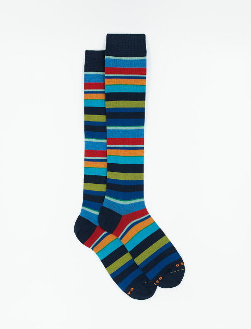 Men's long ocean blue ultra-light cotton socks with multicoloured stripes - Multicolor | Gallo 1927 - Official Online Shop