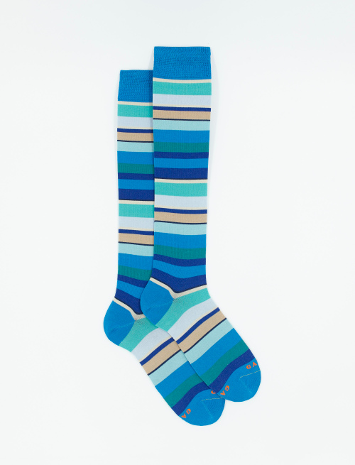 Men's long topaz blue ultra-light cotton socks with multicoloured stripes - Multicolor | Gallo 1927 - Official Online Shop