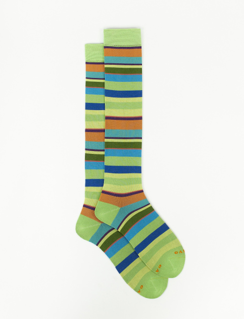 Men's long lime green ultra-light cotton socks with multicoloured stripes - Socks | Gallo 1927 - Official Online Shop