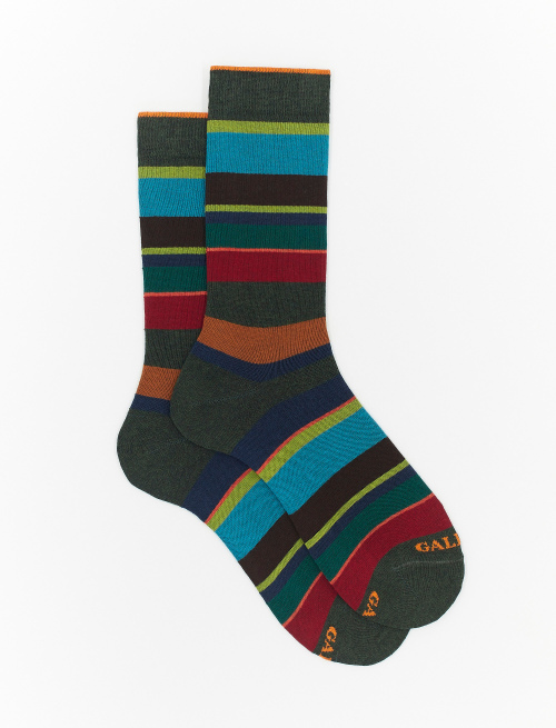Men's short forest green cotton socks with multicoloured stripes - Multicolor | Gallo 1927 - Official Online Shop