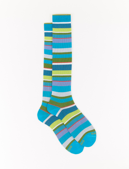 Men's long turquoise light cotton socks with multicoloured stripes - Long | Gallo 1927 - Official Online Shop