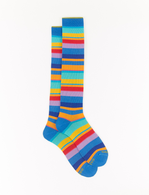 Men's long Aegean blue light cotton socks with multicoloured stripes - Long | Gallo 1927 - Official Online Shop