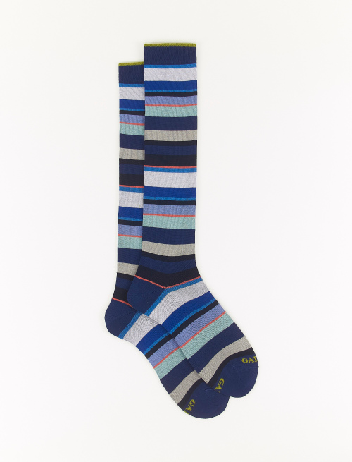 Men's long royal/lake green light cotton socks with multicoloured stripes - Socks | Gallo 1927 - Official Online Shop