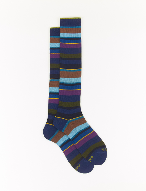 Men's long royal blue/violet light cotton socks with multicoloured stripes - Long | Gallo 1927 - Official Online Shop