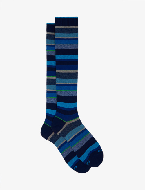 Men's long royal blue light cotton socks with multicoloured stripes - Socks | Gallo 1927 - Official Online Shop