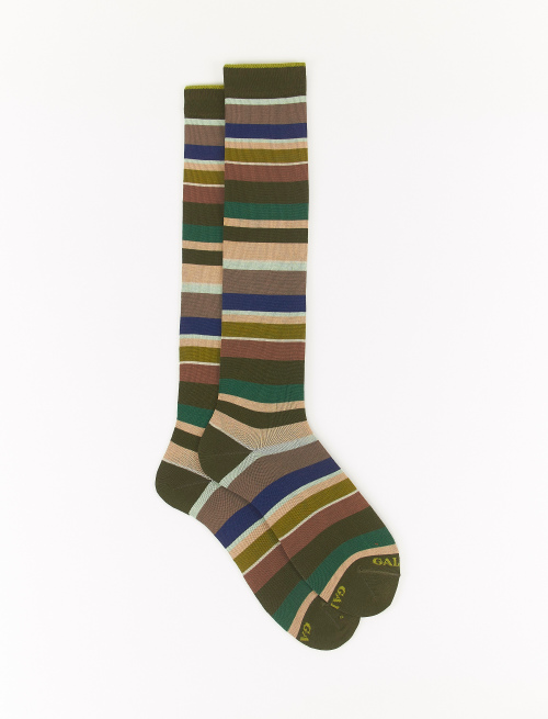 Men's long army green light cotton socks with multicoloured stripes - Long | Gallo 1927 - Official Online Shop