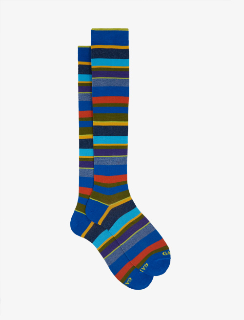 Men's long periwinkle blue light cotton socks with multicoloured stripes - Socks | Gallo 1927 - Official Online Shop