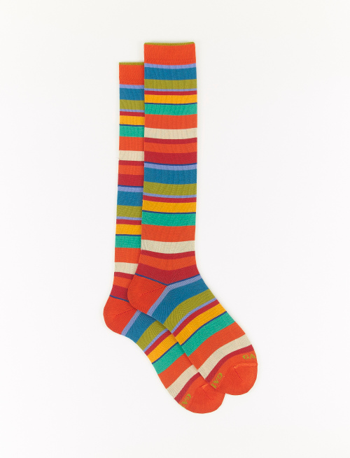 Men's long pumpkin light cotton socks with multicoloured stripes - Long | Gallo 1927 - Official Online Shop
