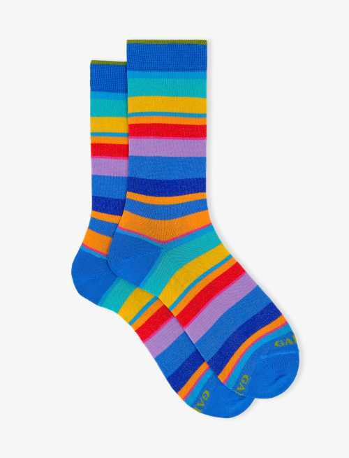 Men's short Aegean blue light cotton socks with multicoloured stripes - The timeless Edition | Gallo 1927 - Official Online Shop