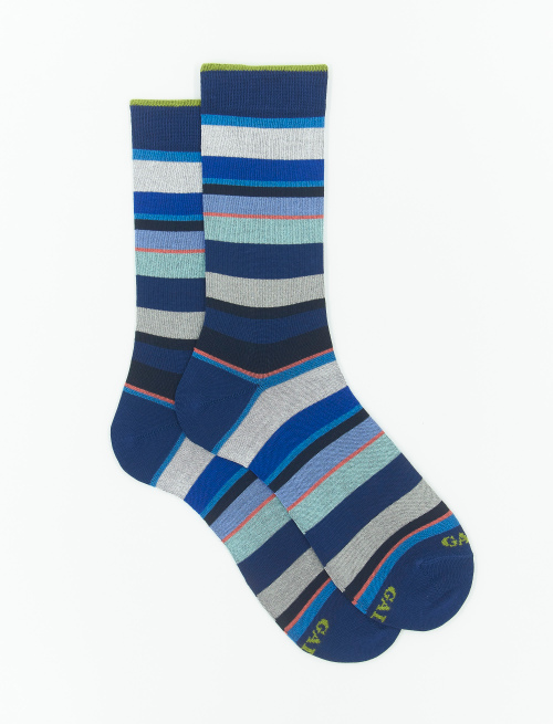 Men's short royal blue/lake green light cotton socks with multicoloured stripes - Man | Gallo 1927 - Official Online Shop