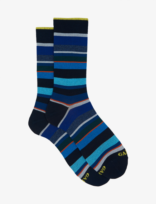 Men's short ocean blue light cotton socks with multicoloured stripes - Man | Gallo 1927 - Official Online Shop
