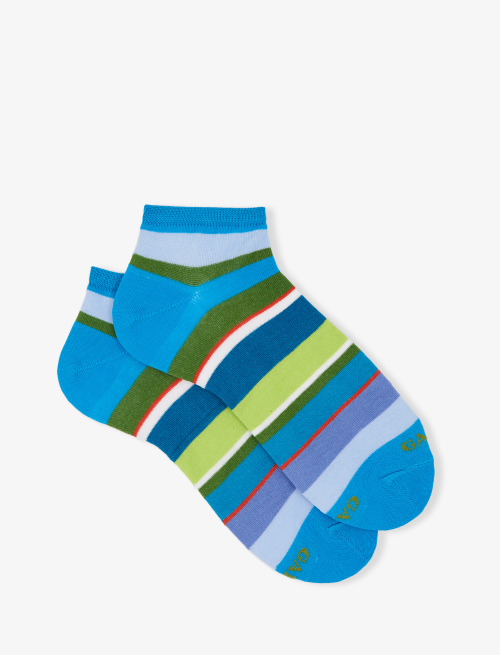 Men's turquoise light cotton ankle socks with multicoloured stripes - Invisible | Gallo 1927 - Official Online Shop