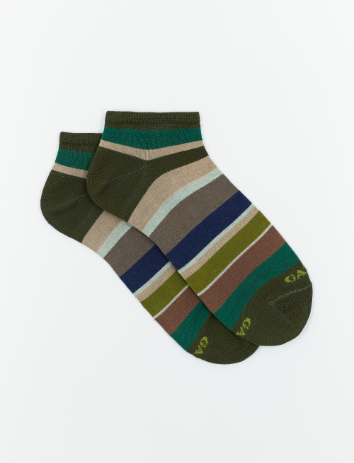 Men's army green light cotton ankle socks with multicoloured stripes - Invisible | Gallo 1927 - Official Online Shop