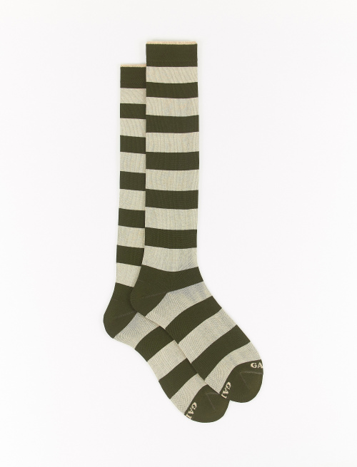 Men's long army green light cotton socks with two-tone stripes - Long | Gallo 1927 - Official Online Shop