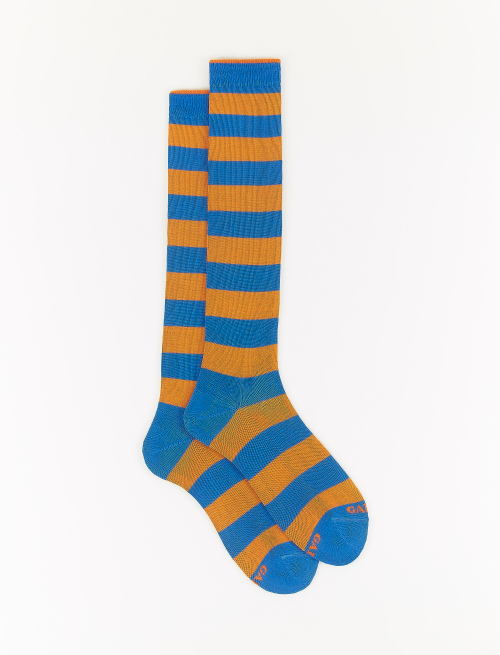Men's long Aegean blue light cotton socks with two-tone stripes - The timeless Edition | Gallo 1927 - Official Online Shop