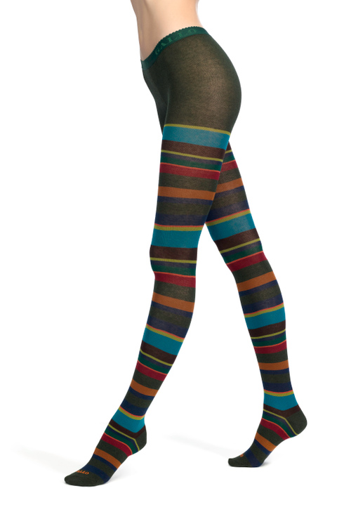 Women's forest green cotton tights with multicoloured strips - Tights | Gallo 1927 - Official Online Shop