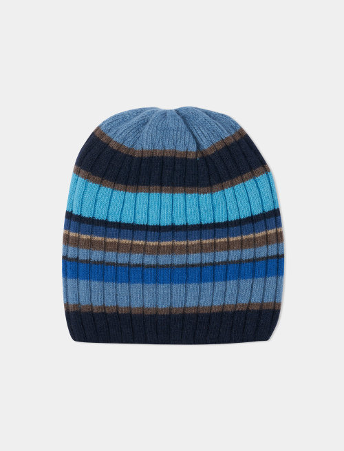 Unisex blue/sand wool and cashmere beanie with multicoloured stripes - Accessories | Gallo 1927 - Official Online Shop