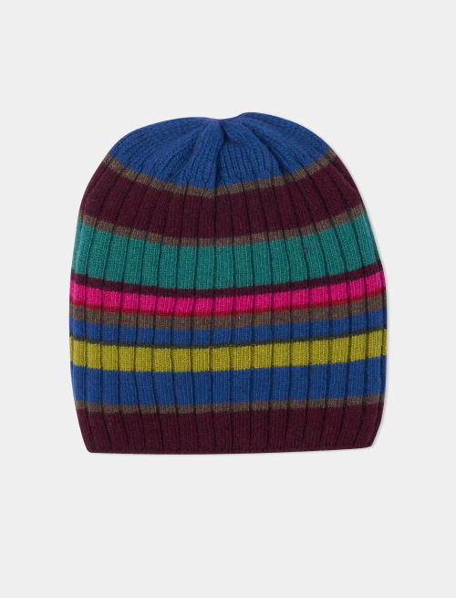 Unisex burgundy wool and cashmere beanie with multicoloured stripes - Second Selection | Gallo 1927 - Official Online Shop