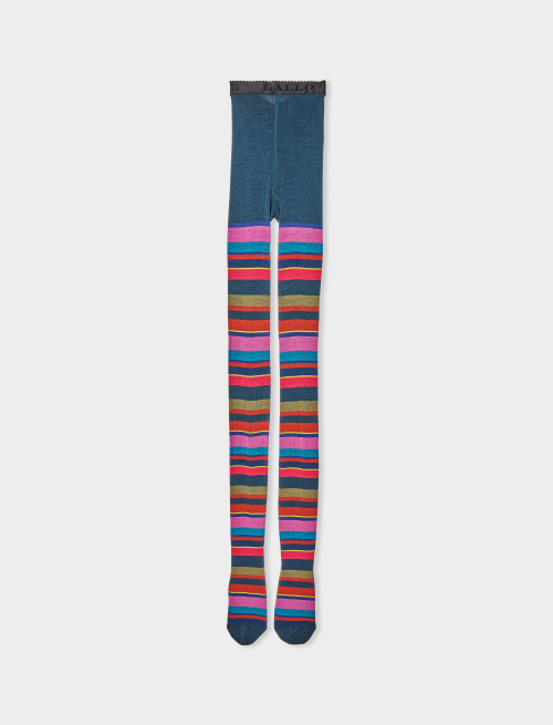 Women's peacock blue wool tights with multicoloured stripes - Tights | Gallo 1927 - Official Online Shop
