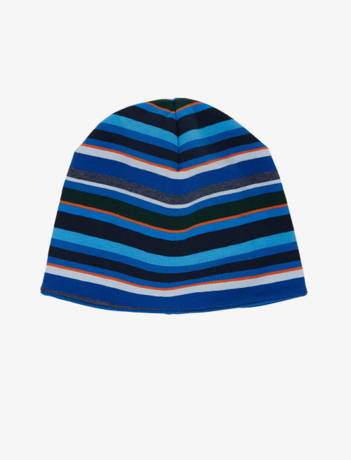 Kids' ocean blue cotton beanie with multicoloured stripes and plain colour - Accessories | Gallo 1927 - Official Online Shop