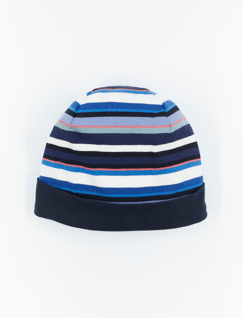 Kids' royal blue cotton beanie with multicoloured stripes and plain cuff | Gallo 1927 - Official Online Shop