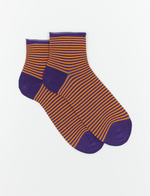 Women's super short purple socks in ultra-light cotton with Windsor stripes and rolled cuff - The timeless Elegance | Gallo 1927 - Official Online Shop