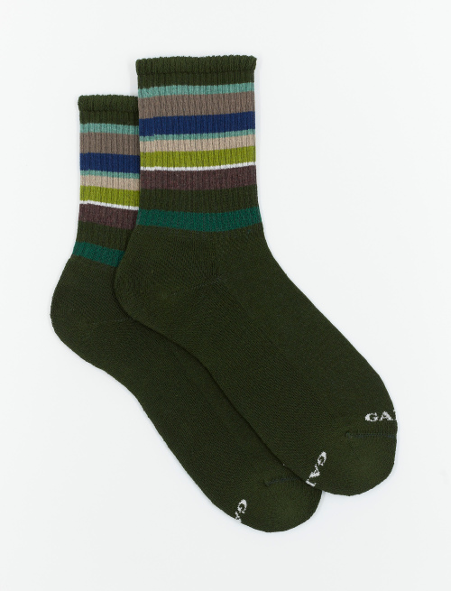 Women's short socks in moss green cotton terry cloth with multicoloured stripes - Urban charme | Gallo 1927 - Official Online Shop