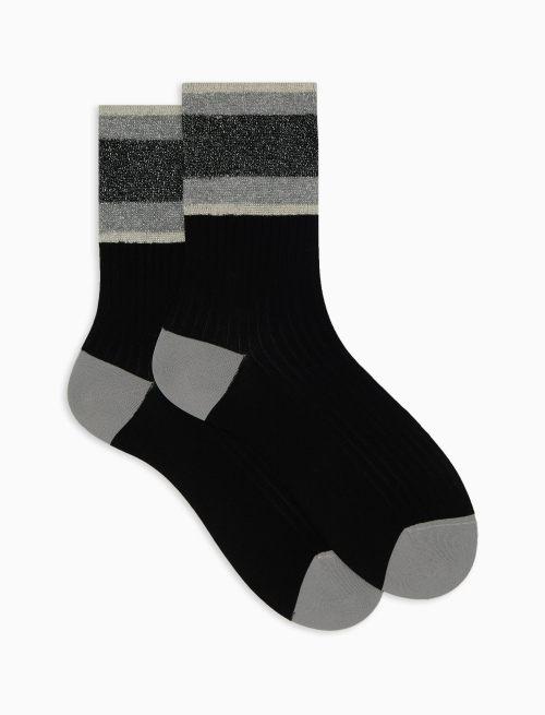 Women's short ribbed plain black cotton socks with lurex-striped cuff - The Essentials | Gallo 1927 - Official Online Shop