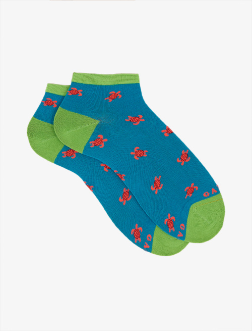 Women's dragonfly blue ultra-light cotton sneaker socks with turtle pattern - Socks | Gallo 1927 - Official Online Shop