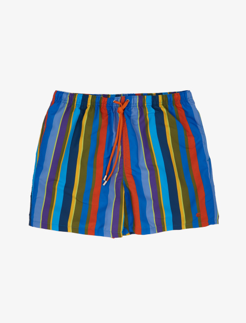 Men's periwinkle blue polyester swimming shorts with multicoloured stripes - Swimwear | Gallo 1927 - Official Online Shop