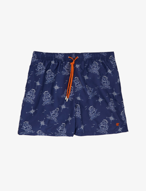 Men's cosmos blue polyester swimming shorts with sailing ship and wind rose pattern - Man | Gallo 1927 - Official Online Shop