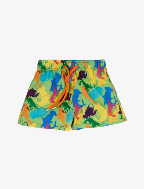 Kid's kiwi green polyester swimming shorts with prehistoric fish pattern - Beachwear | Gallo 1927 - Official Online Shop