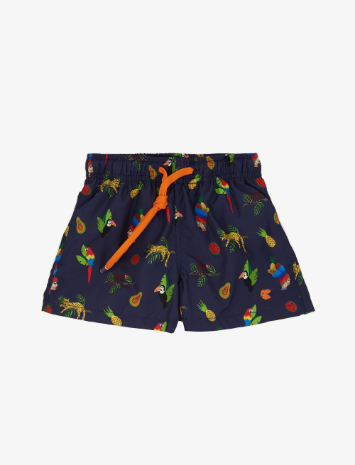 Kid's royal blue polyester swimming shorts with tropical pattern - Beachwear | Gallo 1927 - Official Online Shop