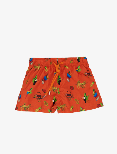 Kid's orange polyester swimming shorts with tropical pattern - Beachwear | Gallo 1927 - Official Online Shop